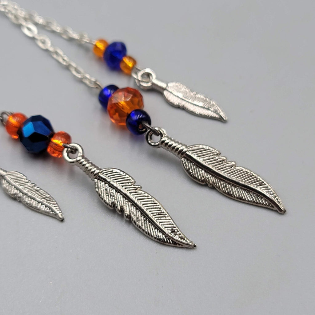 Dangle Pierced Earrings Silvertone Bead Chain Feather Accent 3.25" Denver Bronco
