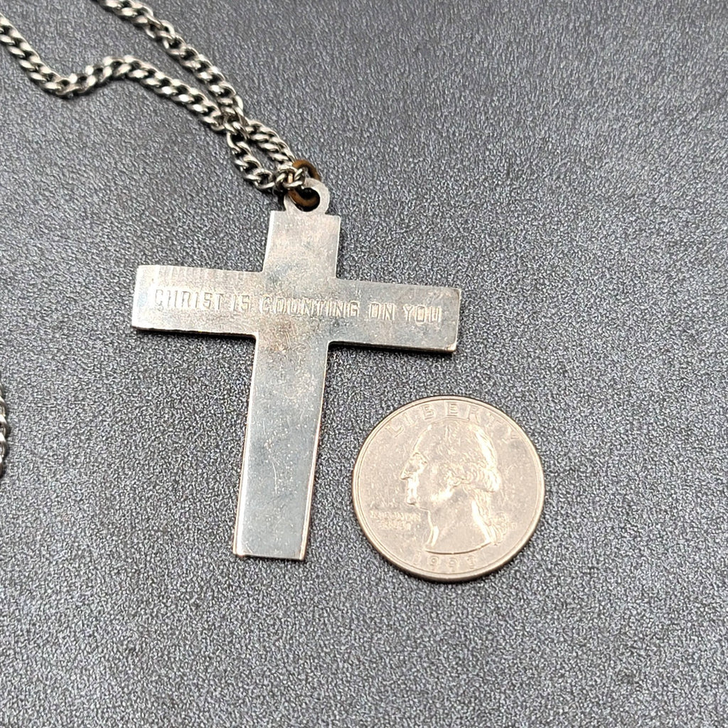 Catholic Religious Cross Pendant Christ is counting on you Silver tone 24"