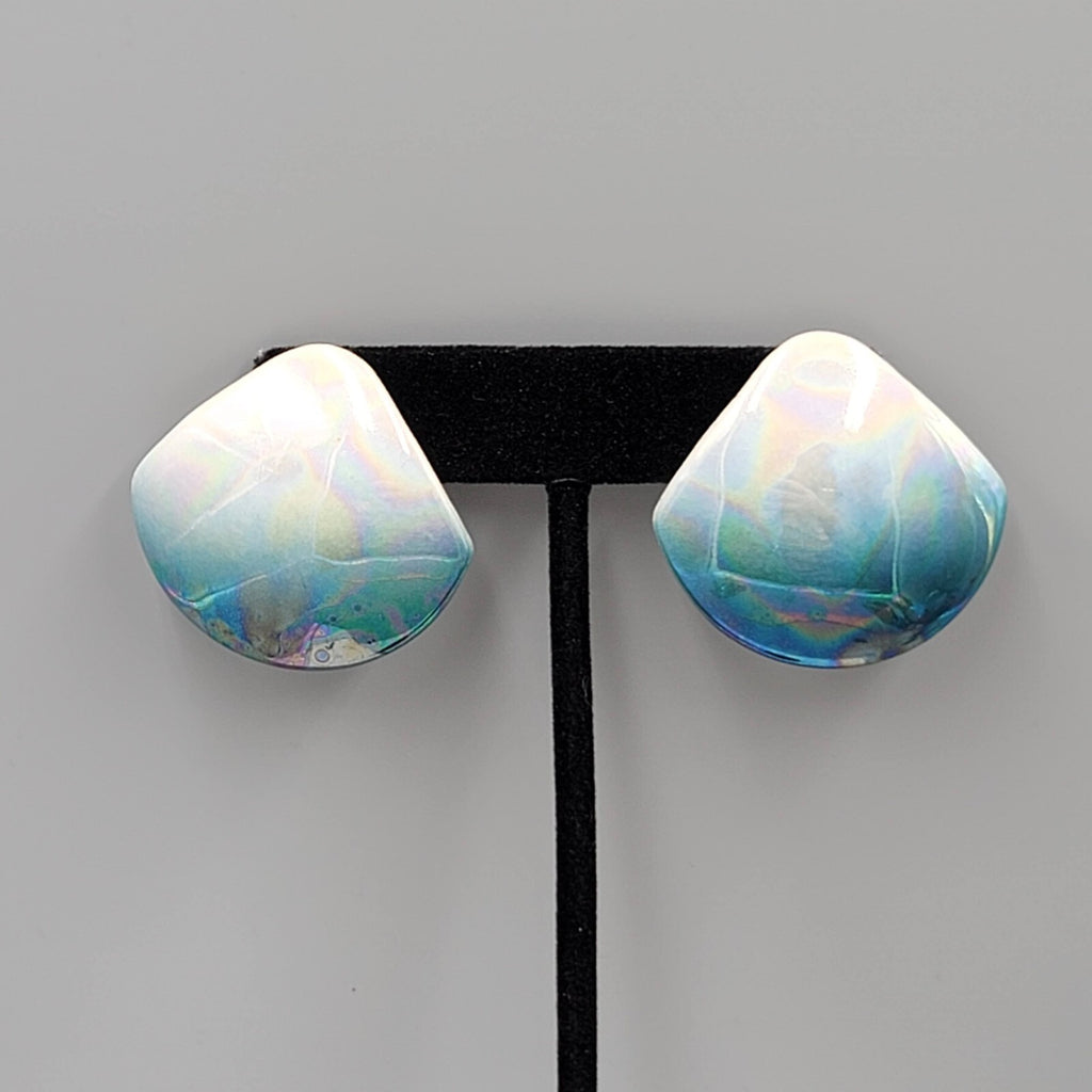 Vintage Ceramic Pierced Earrings White Teal Ombre Drop Statement 80s 1 3/8"