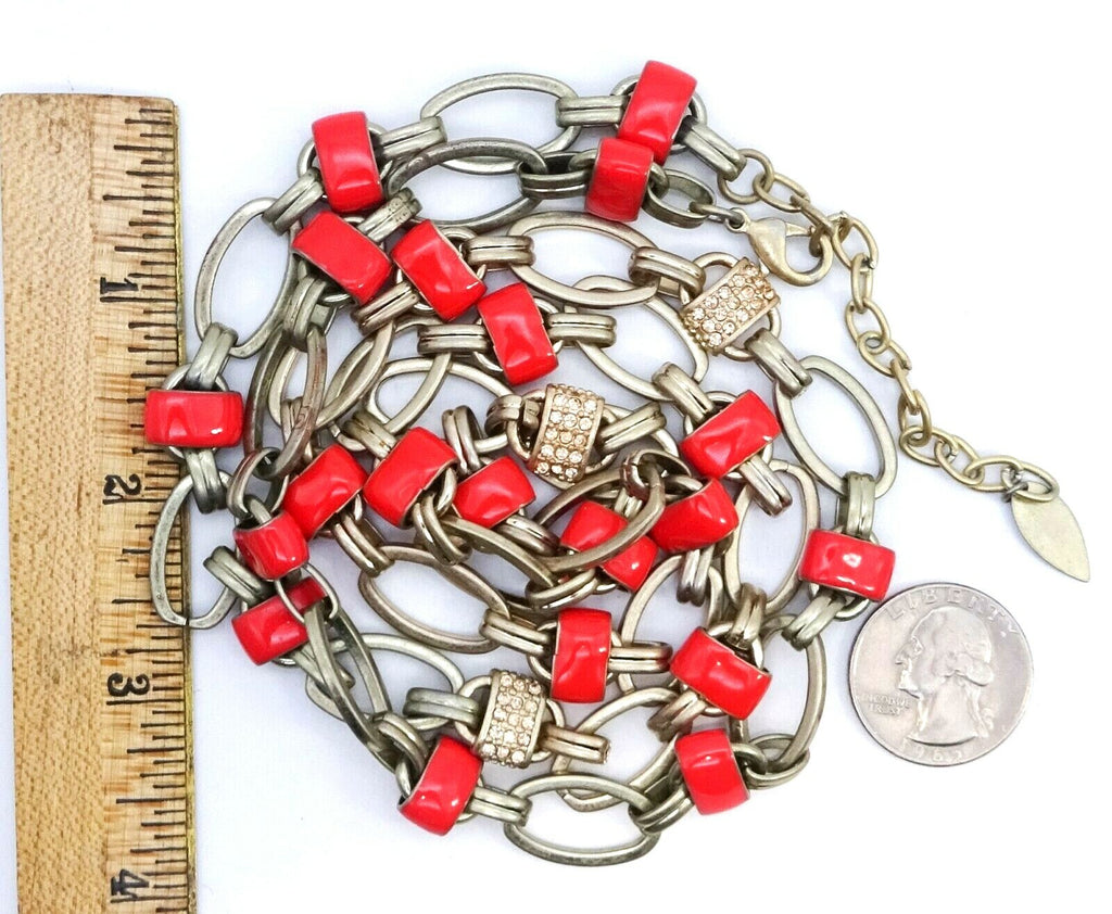 COLDWATER CREEK Gold tone Red Enamel Rhinestone Necklace 36" - 38"