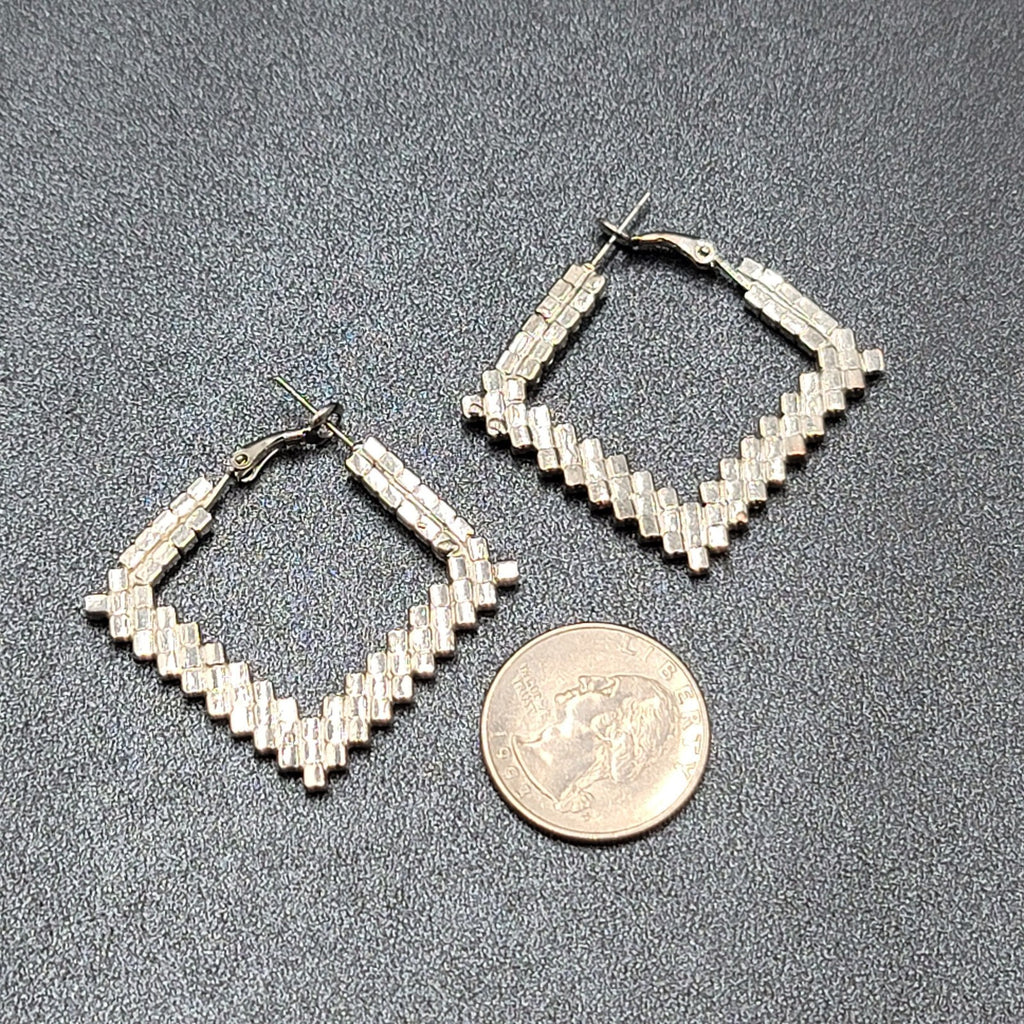 Pierced Earrings Rhinestone Square Hoops Silver tone 1.25"