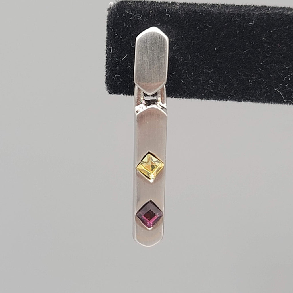 Pierced Earrings Silver tone Yellow Purple Crystal Dangle 1.25"