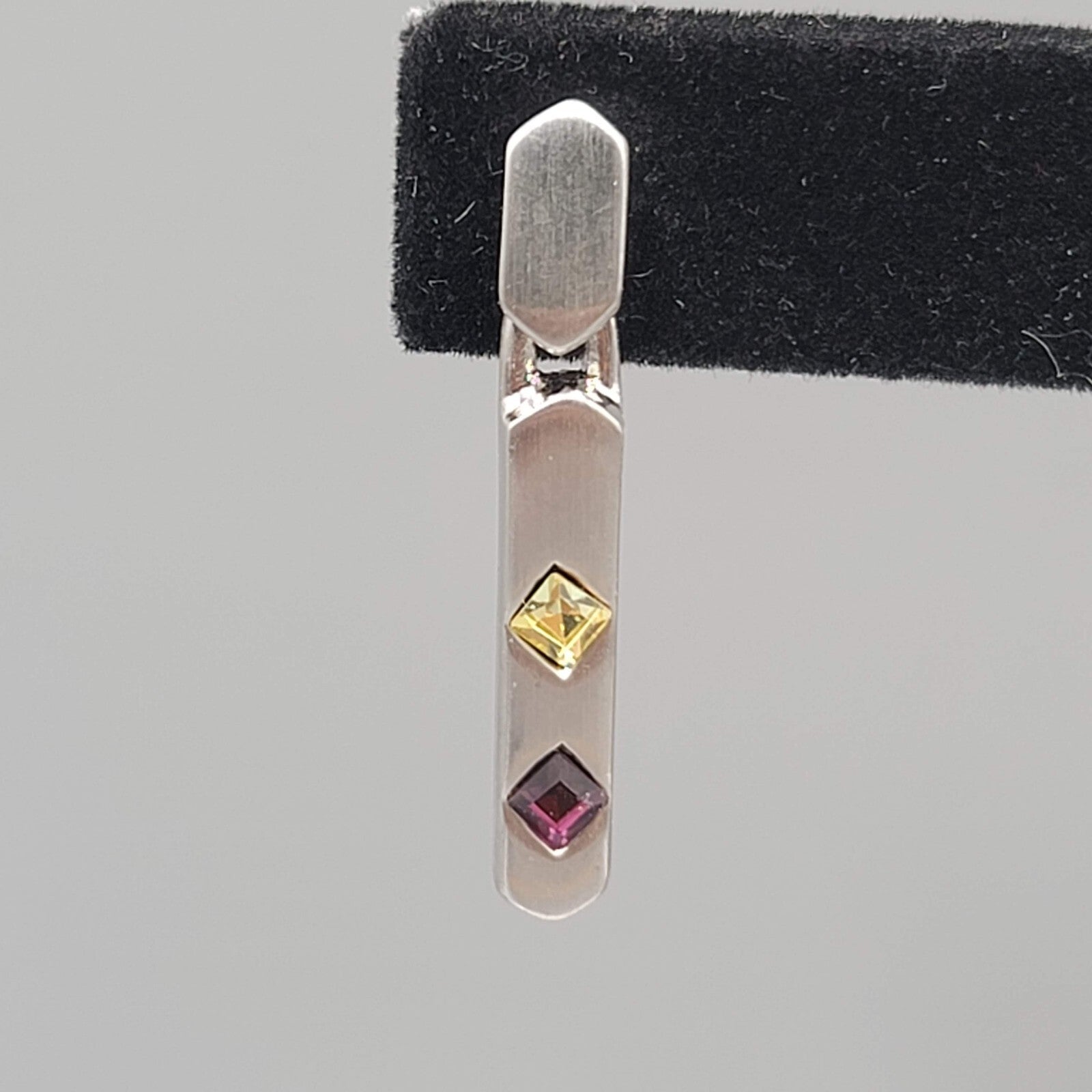 Pierced Earrings Silver tone Yellow Purple Crystal Dangle 1.25"