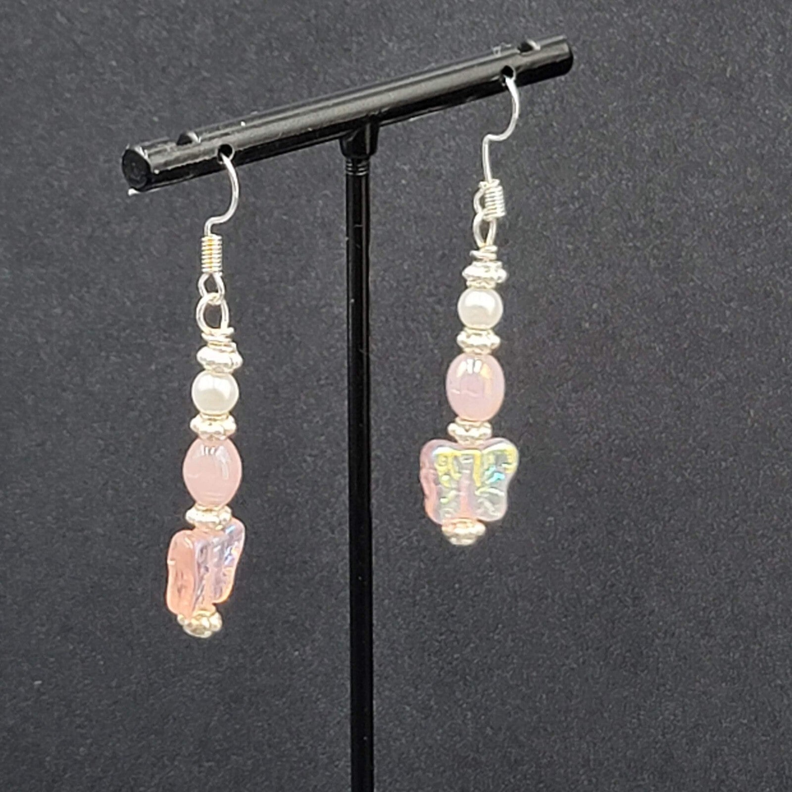 New Pierced Earrings Silver tone Iridescent Butterfly Bead Dangle Pink 1.5"