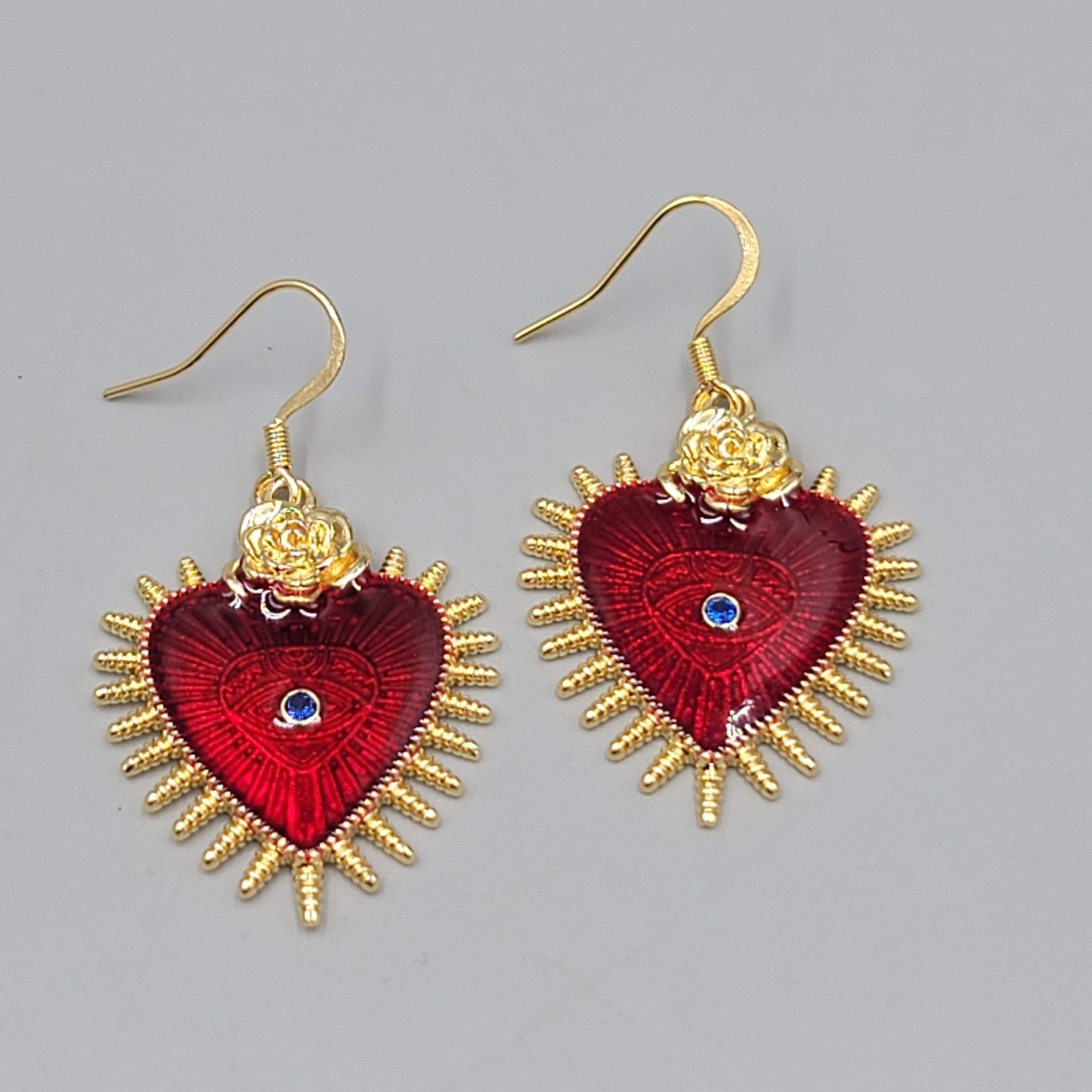 Evil Eye Red Guilloche Enamel Pierced Earrings Gold tone Dangle 1 1/8"