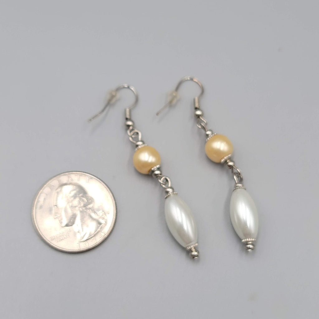 Pierced Earrings Silver tone Champagne White Bead Dangle 1.75"