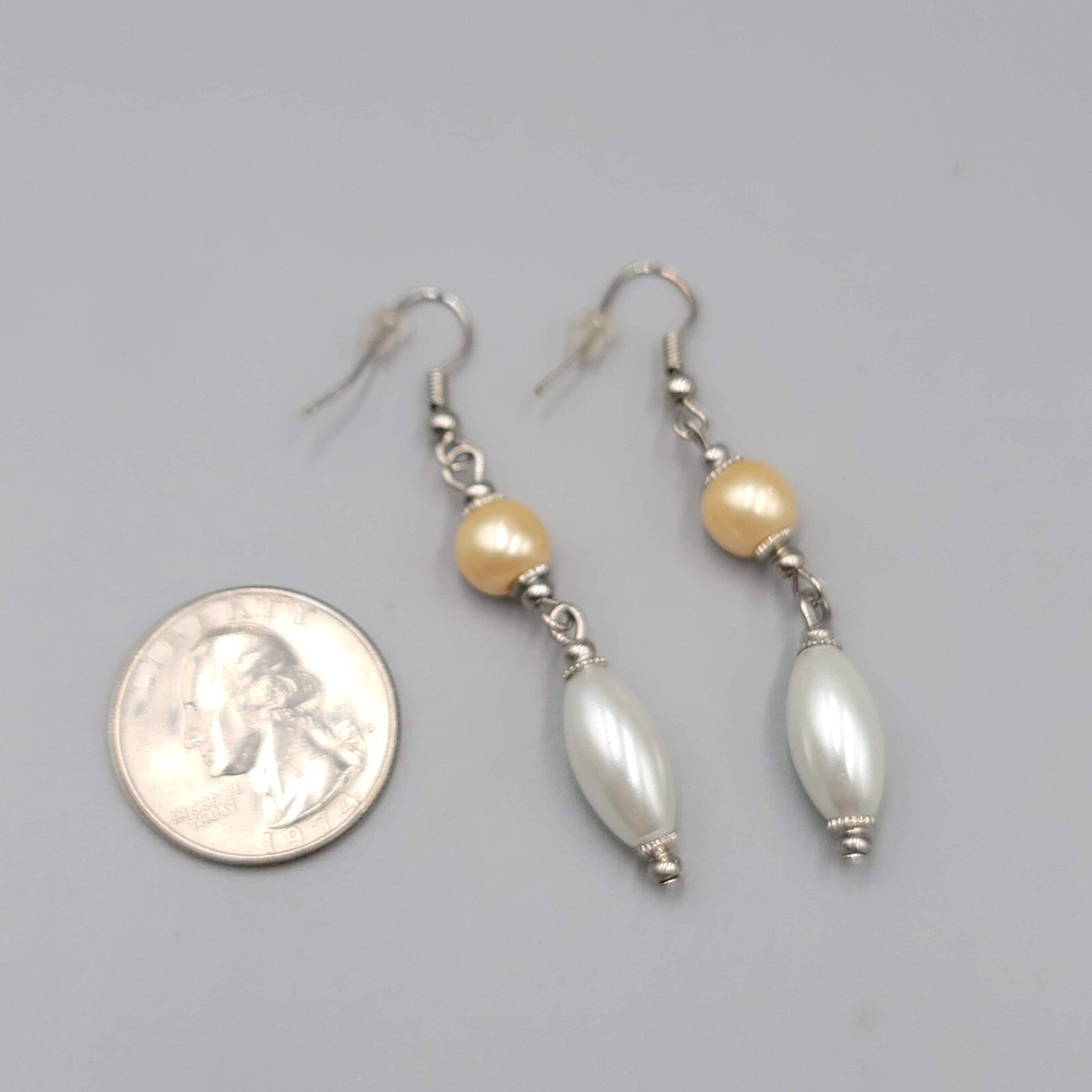 Pierced Earrings Silver tone Champagne White Bead Dangle 1.75"