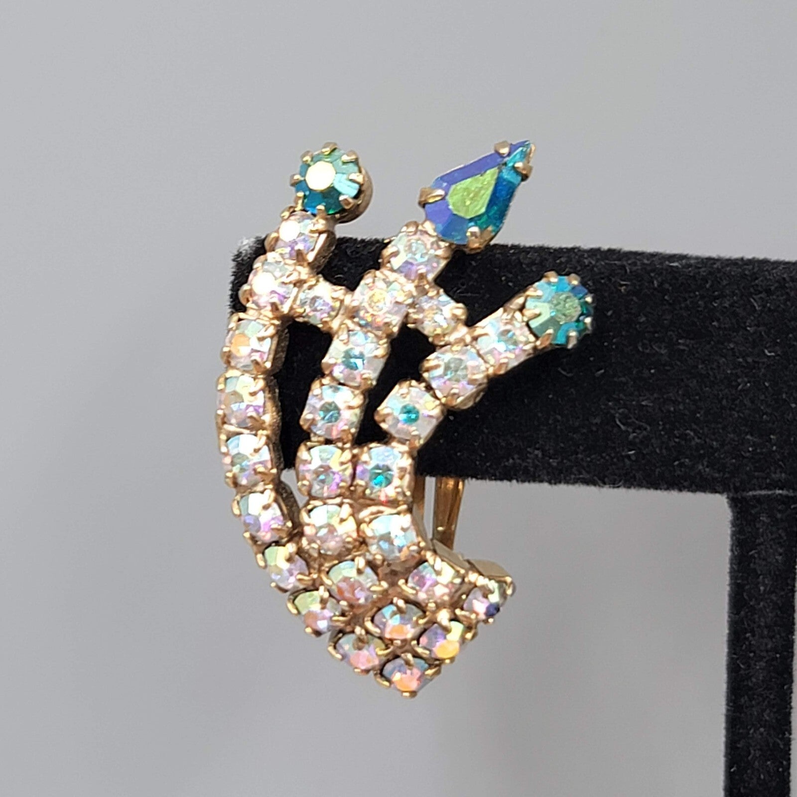 Vintage Clip on Earrings Multicolor AB Rhinestone Climber Spray 1 3/8"