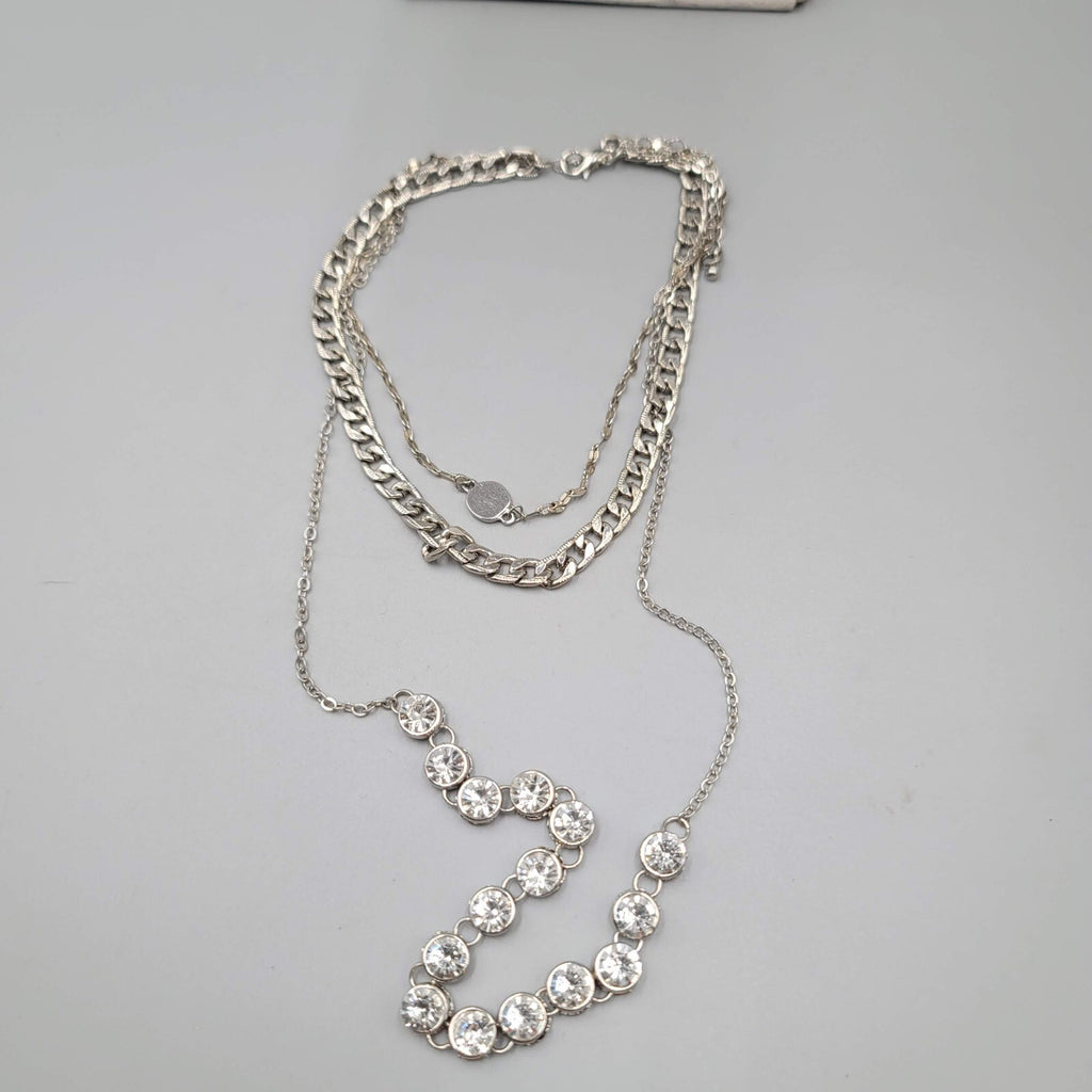 Choker Layered Chain Necklace Silver tone Chains Rhinestones 12"-15" & 21"+