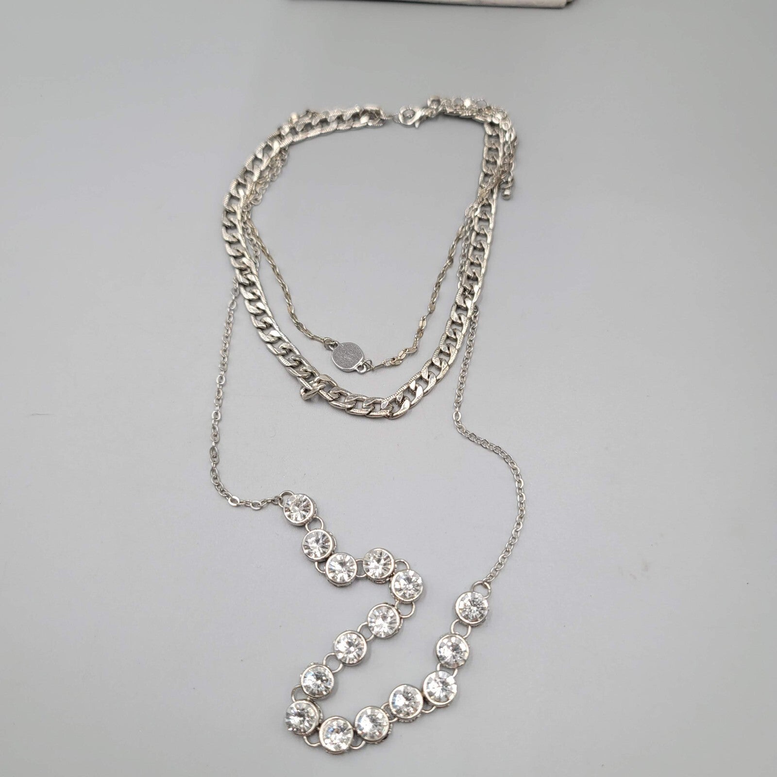 Choker Layered Chain Necklace Silver tone Chains Rhinestones 12"-15" & 21"+