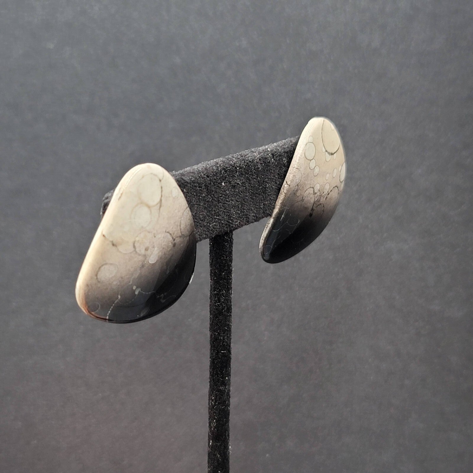 Vintage Pierced Earrings Black White Ceramic Geometric Drop 1.25"