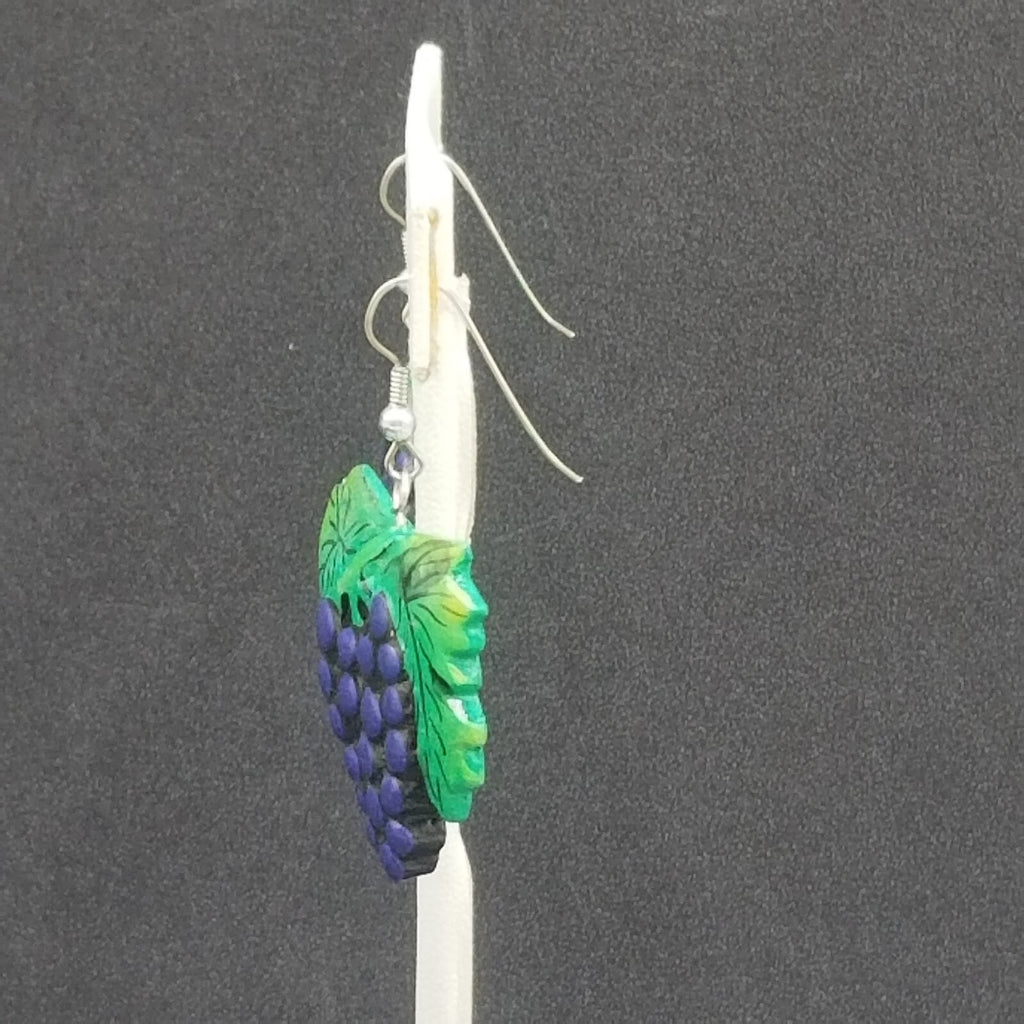 Vintage Pierced Earrings Green and Purple Hand painted Grape Dangle 1 3/8"