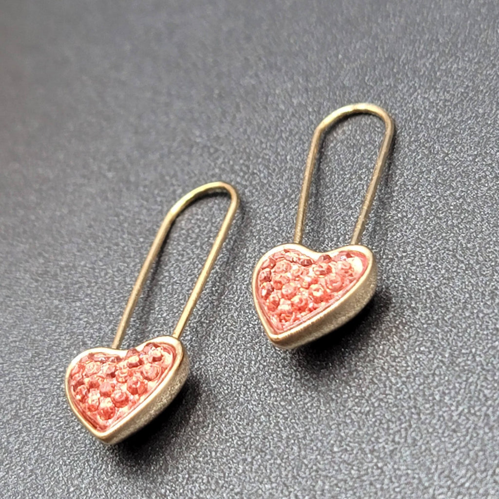 Pierced Earrings Gold Plated Pink Heart Dangle Loops 1 3/8"
