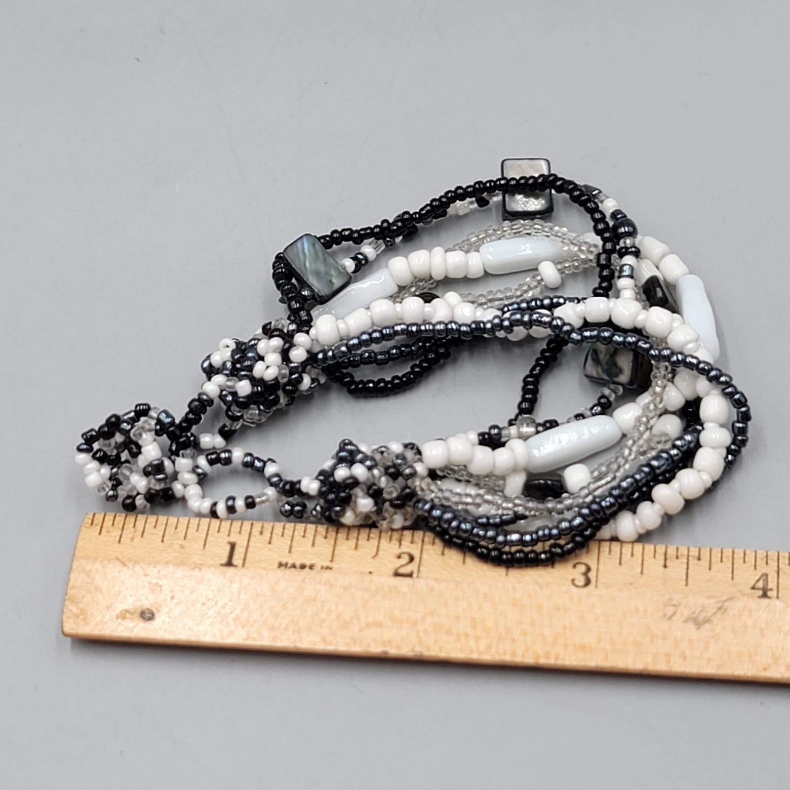 Black White Seed Bracelet Shell Multi Strand 7 in
