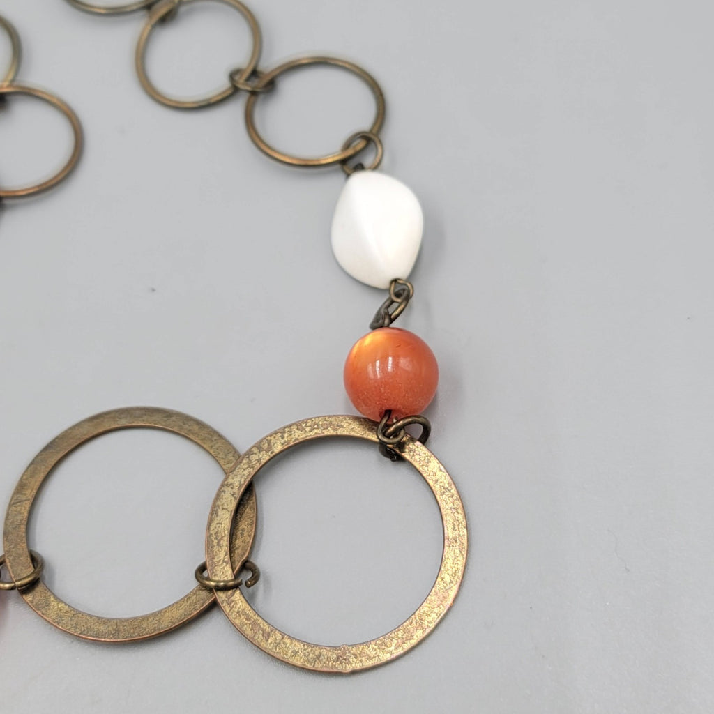 Autumn Fall Bead Necklace Bronze tone Circles Long 32 in