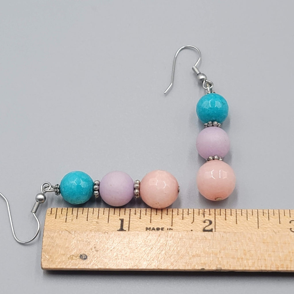 Pink Purple Blue Glass Bead Pierced Earrings Silver tone Dangle 1.5"