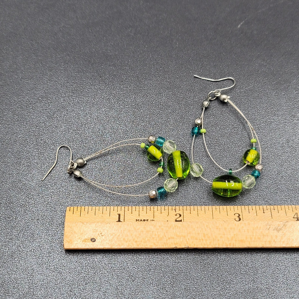 Pierced Earrings Silver tone Green Blue Glass Beads Statement Hoops 2 1/8"