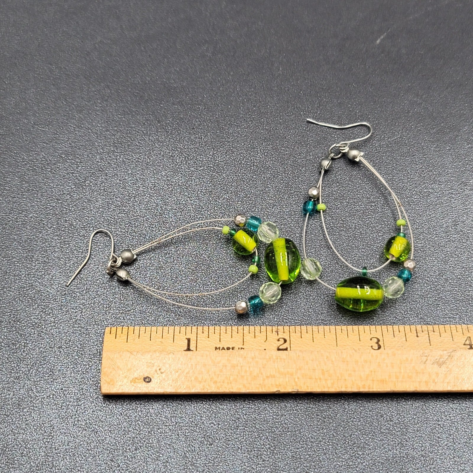 Pierced Earrings Silver tone Green Blue Glass Beads Statement Hoops 2 1/8"