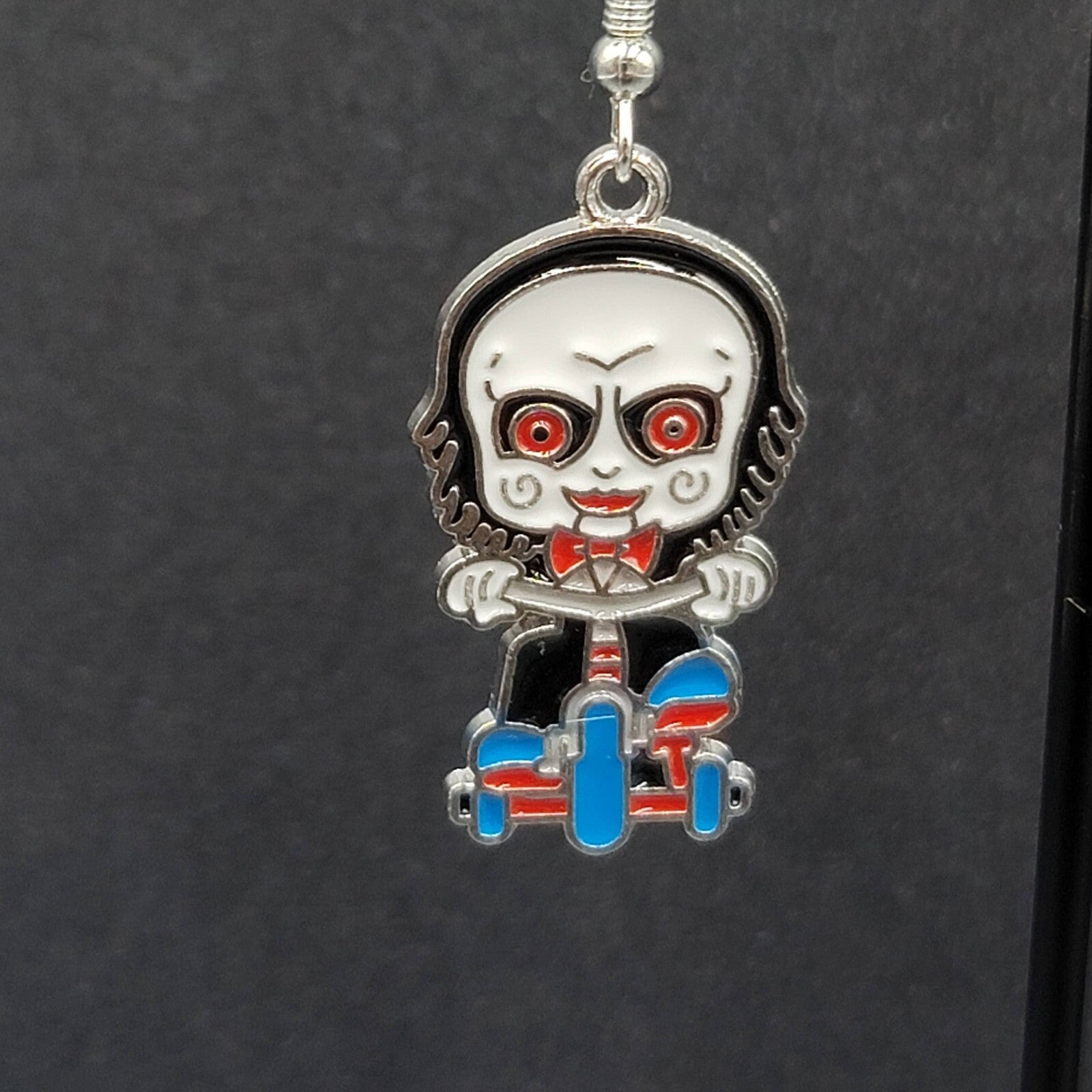 Jigsaw Pierced Earrings Enamel Silver tone SAW Horror Movie Dangle 1.25" FS