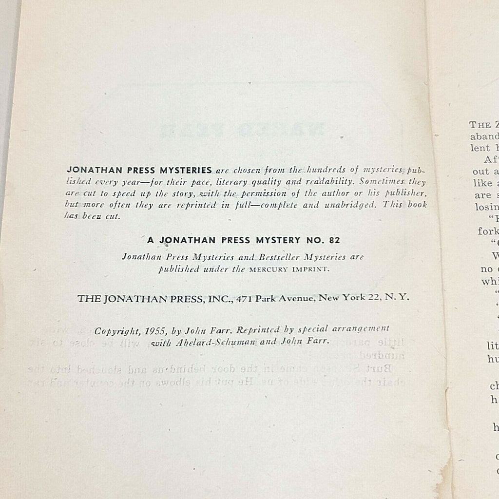 Naked Fear by John Farr 1955 Jonathan Press Mystery Paperback no. 82