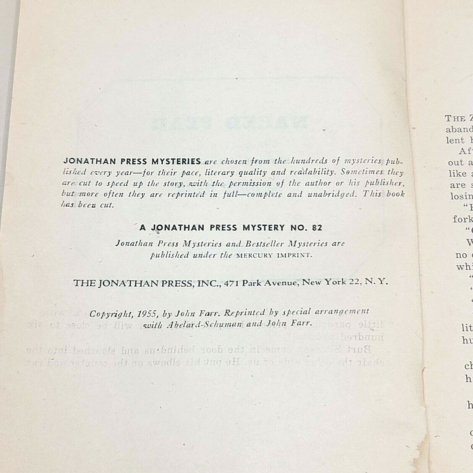 Naked Fear by John Farr 1955 Jonathan Press Mystery Paperback no. 82