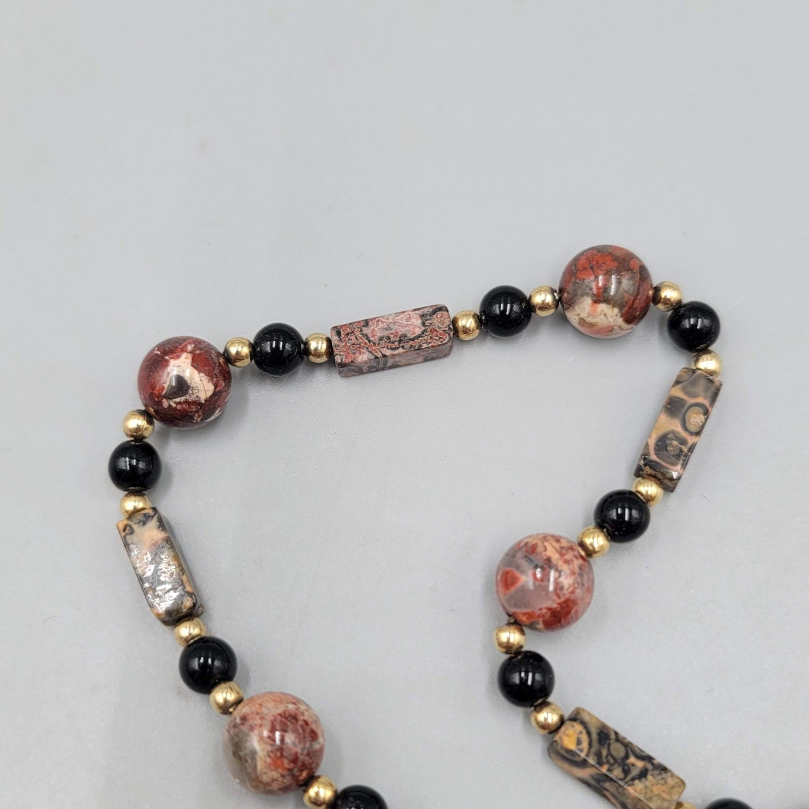 Leopard Skin Jasper Stone Bead Necklace Gold tone 30 in