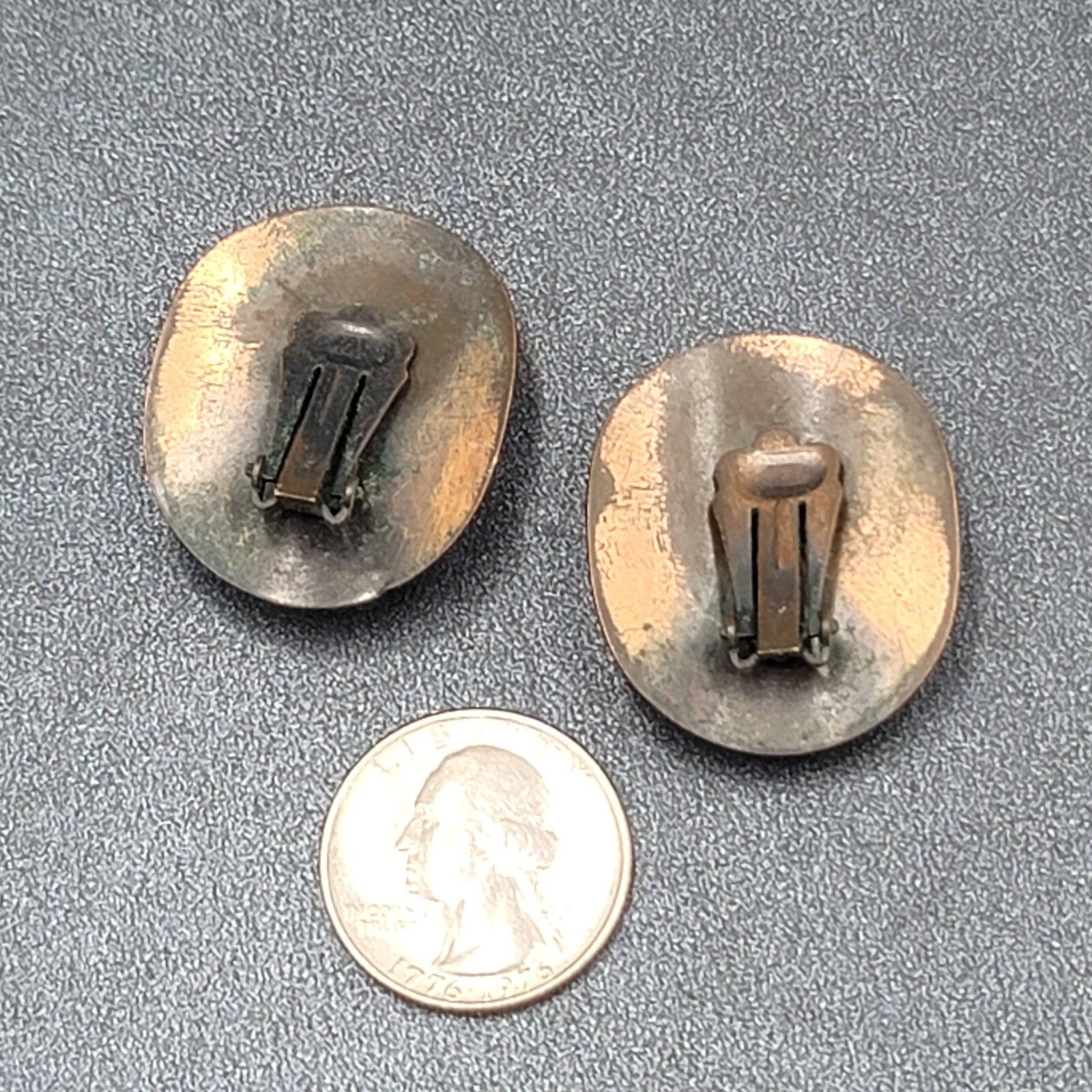 Vintage Clip on Earrings Copper Plated Mother of Pearl Accents Modernist 1.25"