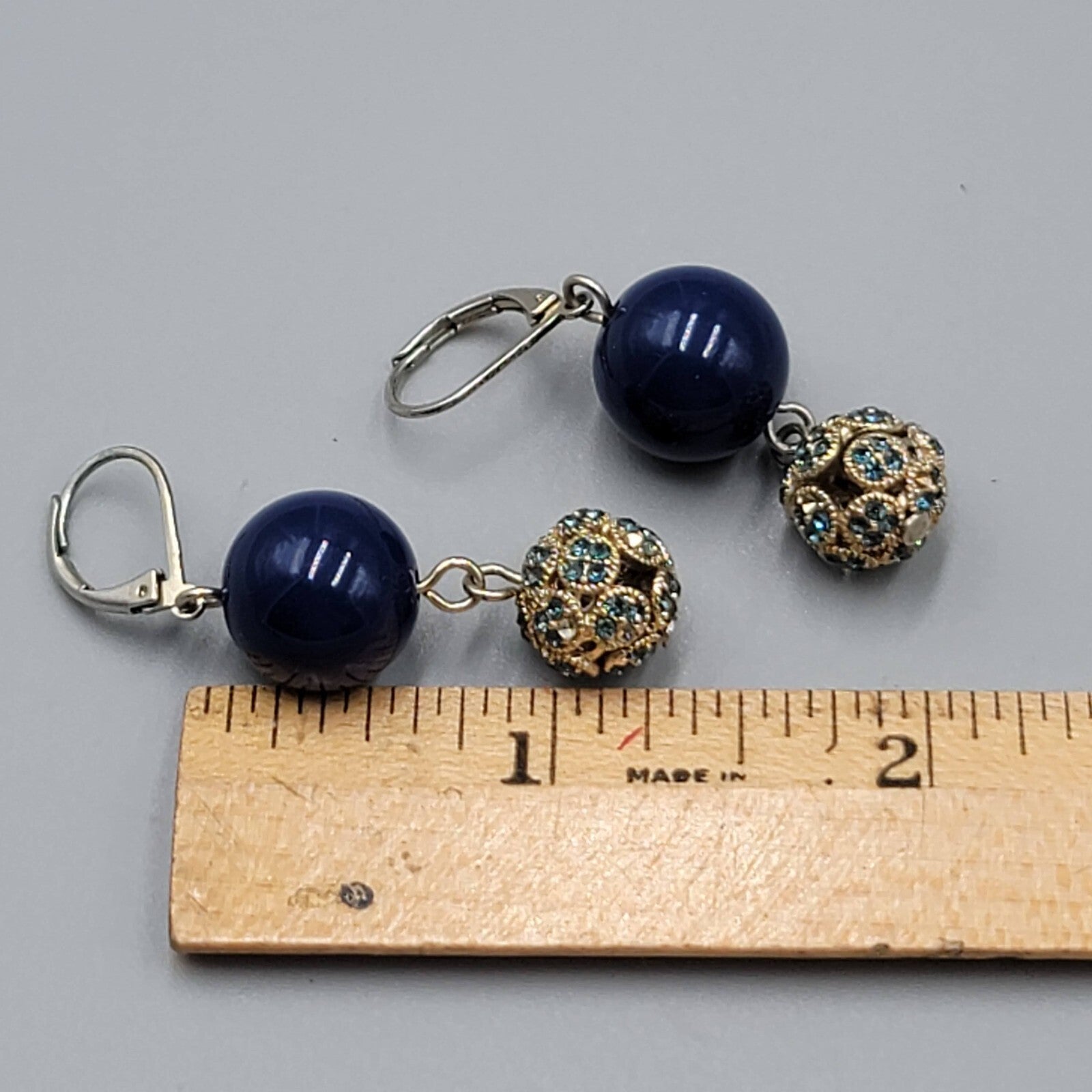 Blue Rhinestone Bead Pierced Earrings Dangle 1 3/8"