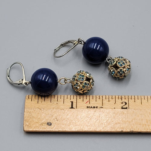 Blue Rhinestone Bead Pierced Earrings Dangle 1 3/8"