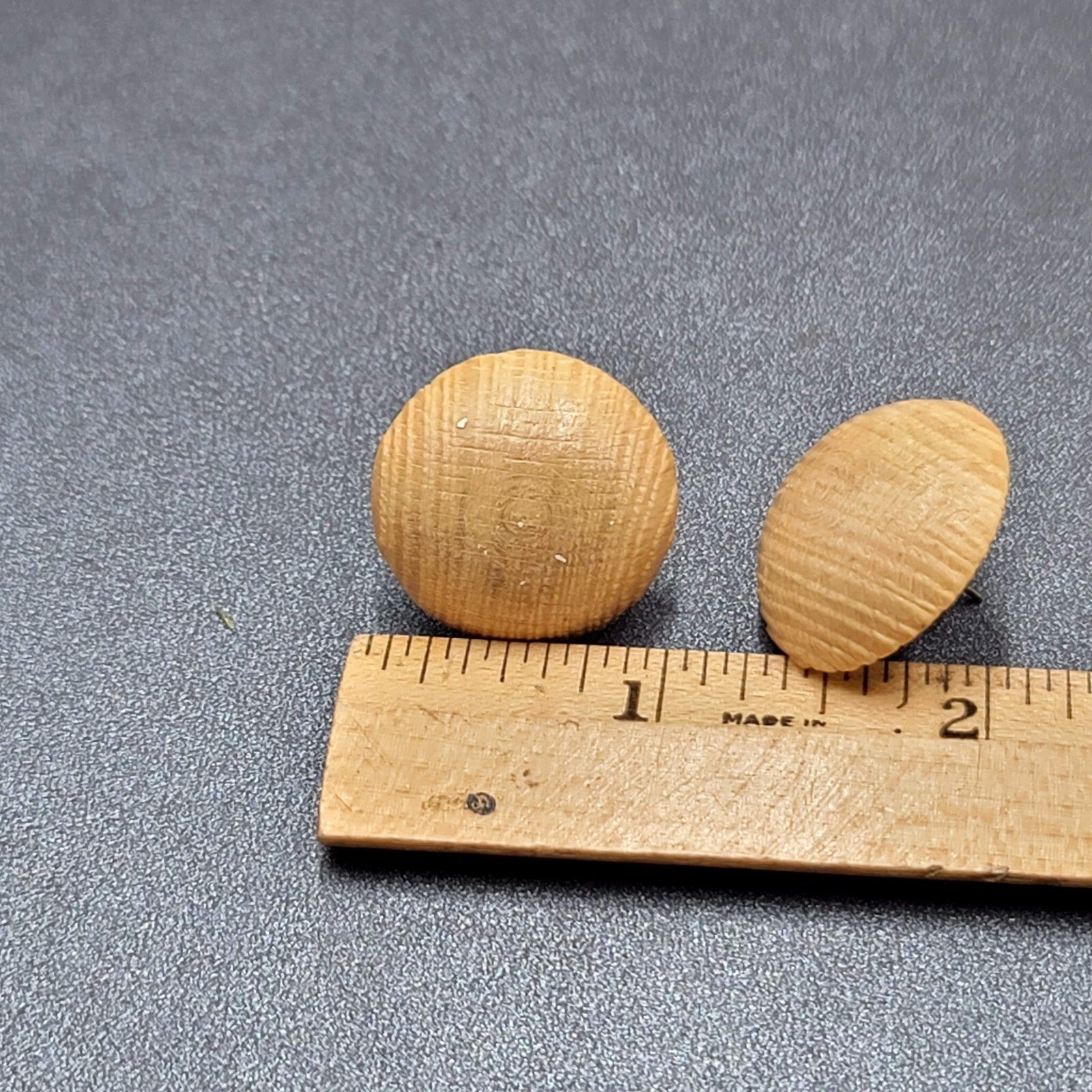 Vintage Pierced Earrings Round Domed Solid Wood Studs 1"