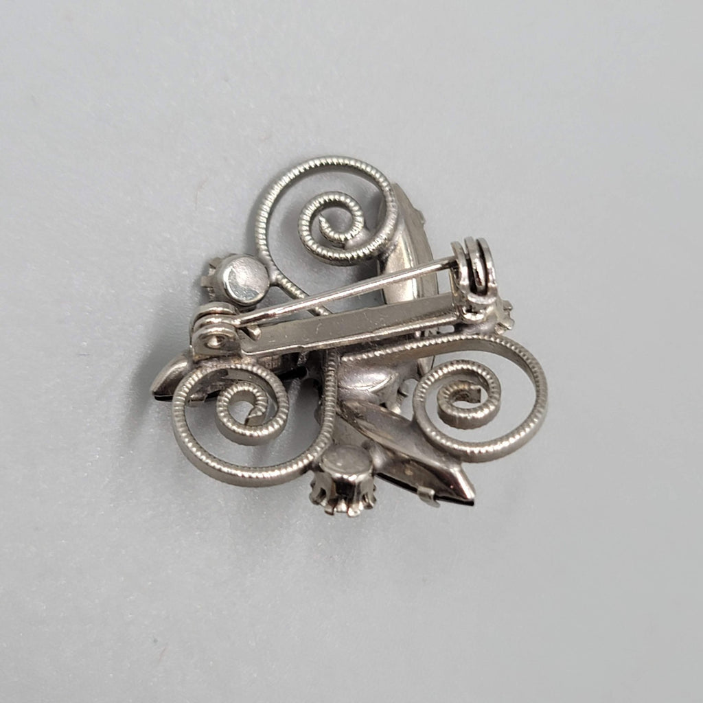 Vintage Black Hematite Rhinestone Brooch Silver tone Swirl 1 in