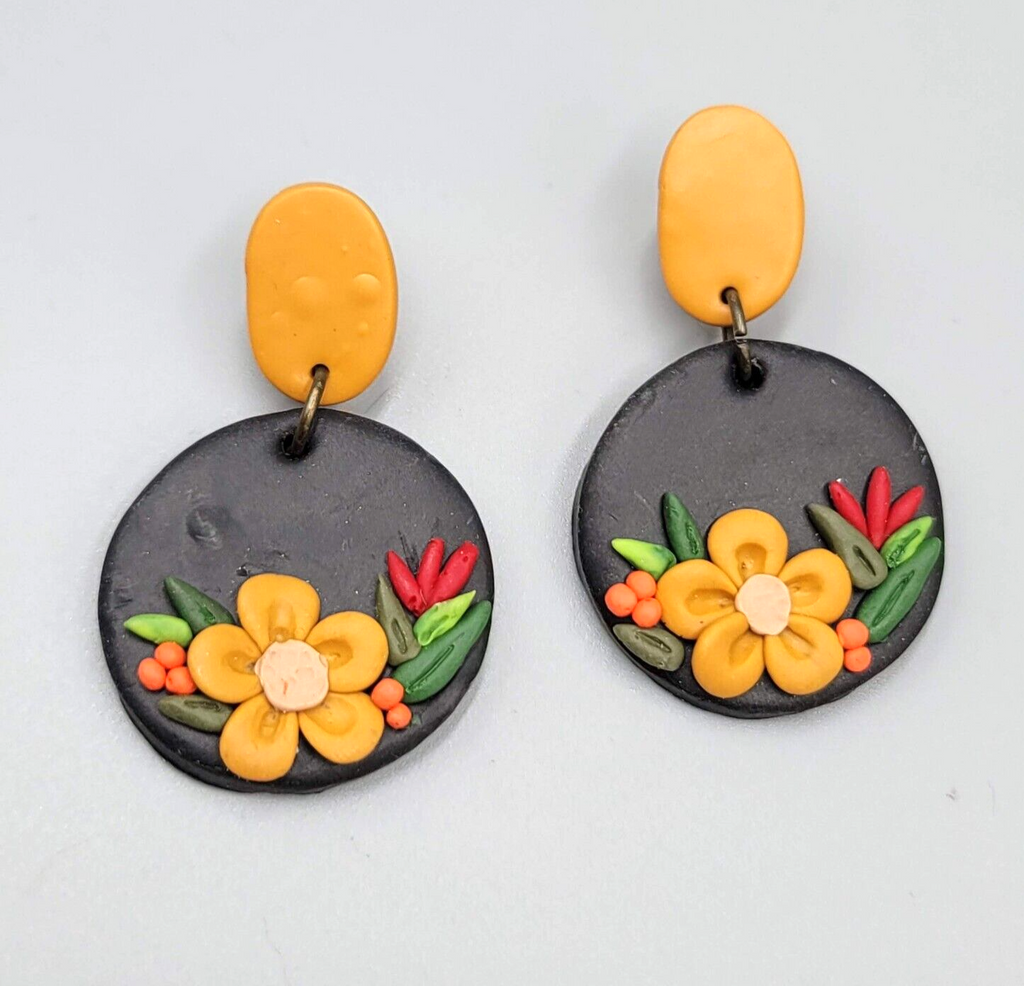 Polymer Clay Flower Pierced Earrings Tan Black Dangle Fall 1.75"