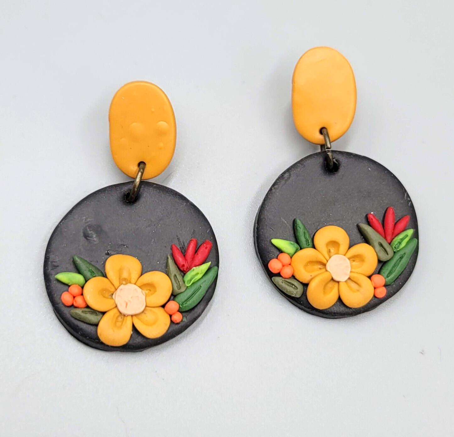 Polymer Clay Flower Pierced Earrings Tan Black Dangle Fall 1.75"