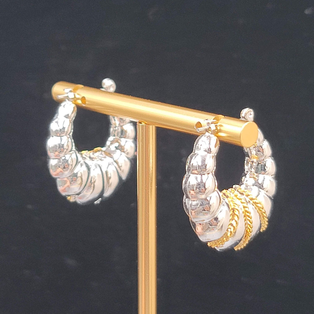 Puffy Hoop Pierced Earrings Gold tone Twisted Rope Detail Silver tone 1"