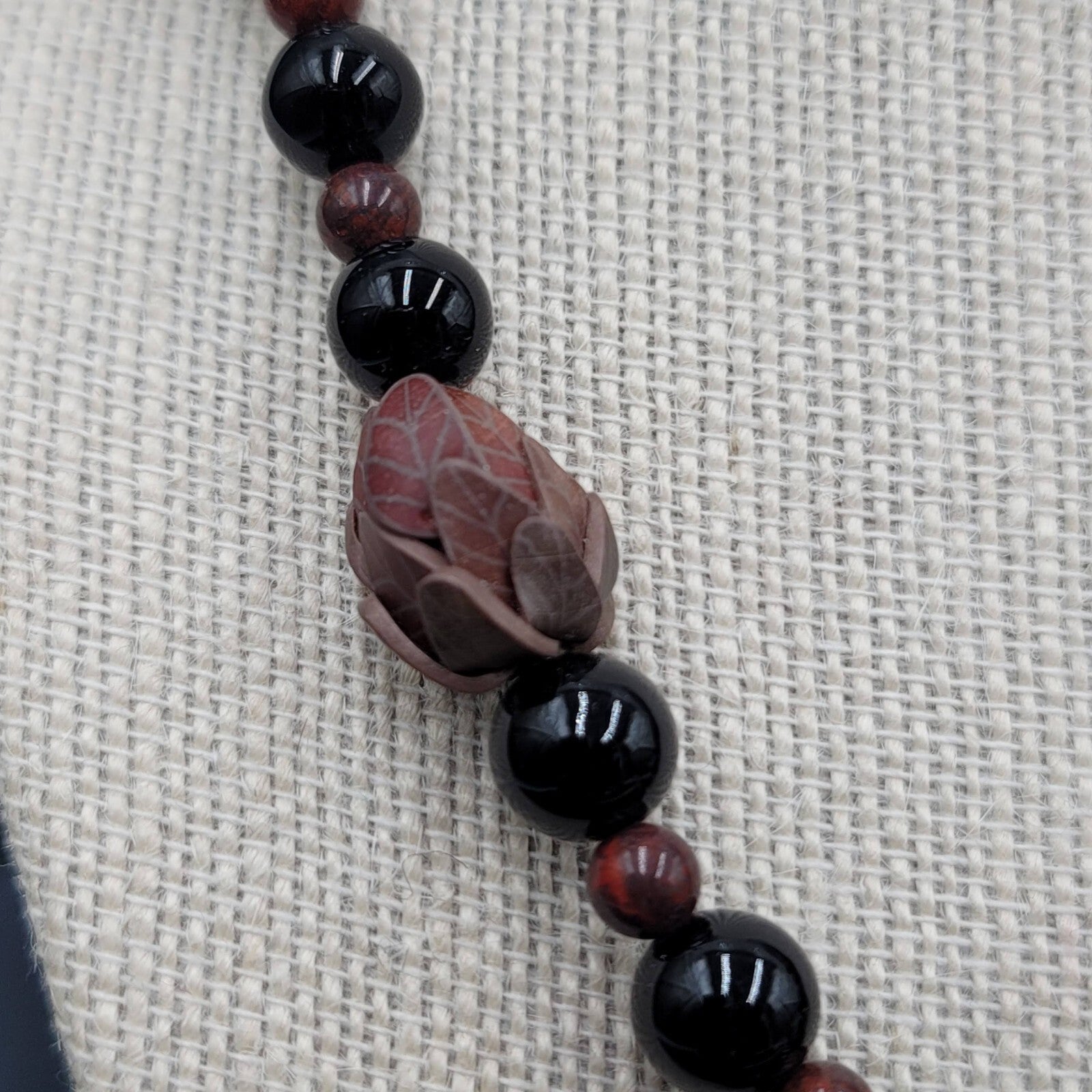 Brown Stone Pendant Necklace Black Glass Beads Toggle 18" Hand Carved Beads