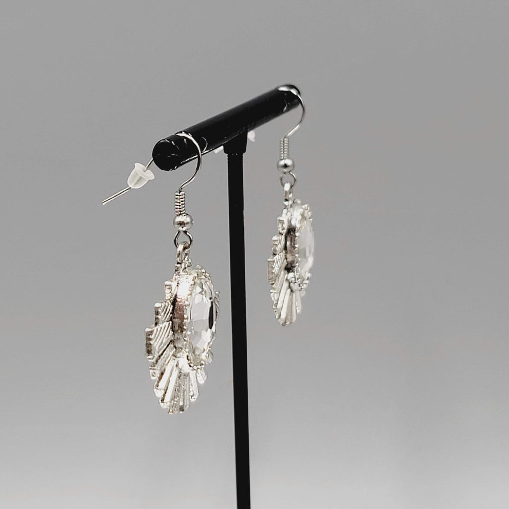 Statement Rhinestone Pierced Earrings Silver tone Dangle 1 1/8"