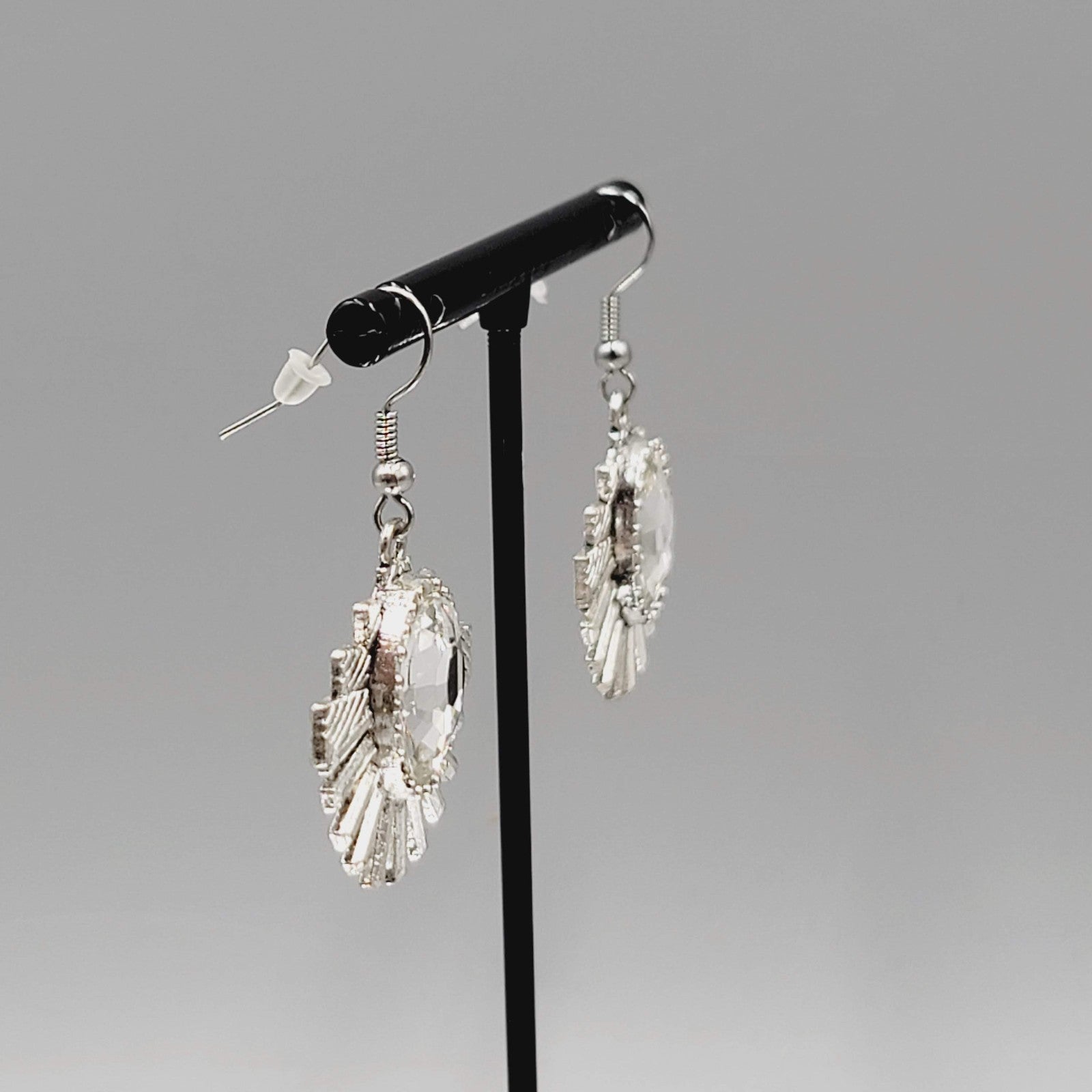 Statement Rhinestone Pierced Earrings Silver tone Dangle 1 1/8"