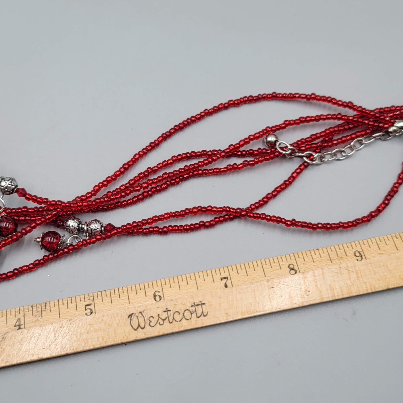 Red Bead Triple Layer Necklace Silver tone Statement Flower Pendant 20"+