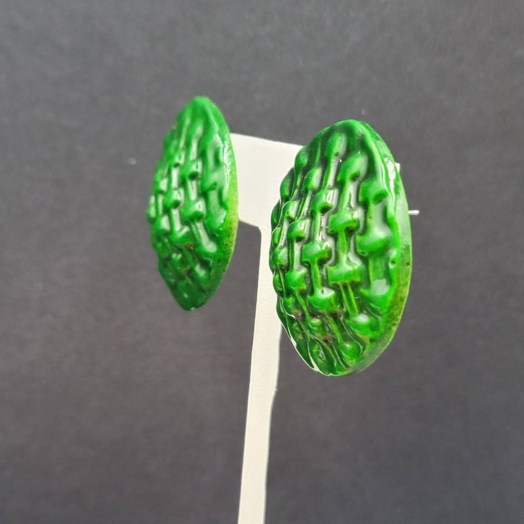 Vintage Pierced Earrings Dark Green Weave Pattern  1.5"