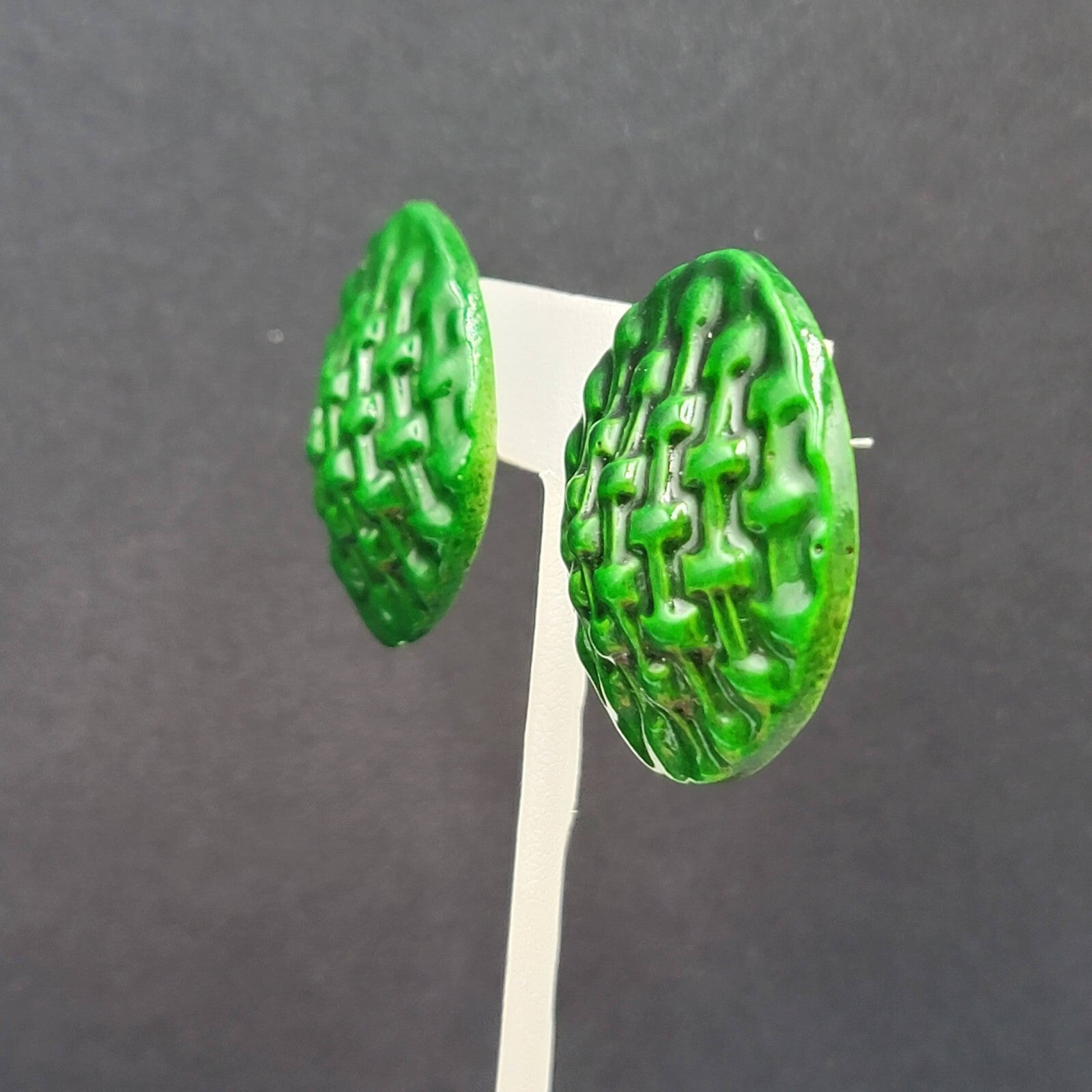 Vintage Pierced Earrings Dark Green Weave Pattern  1.5"