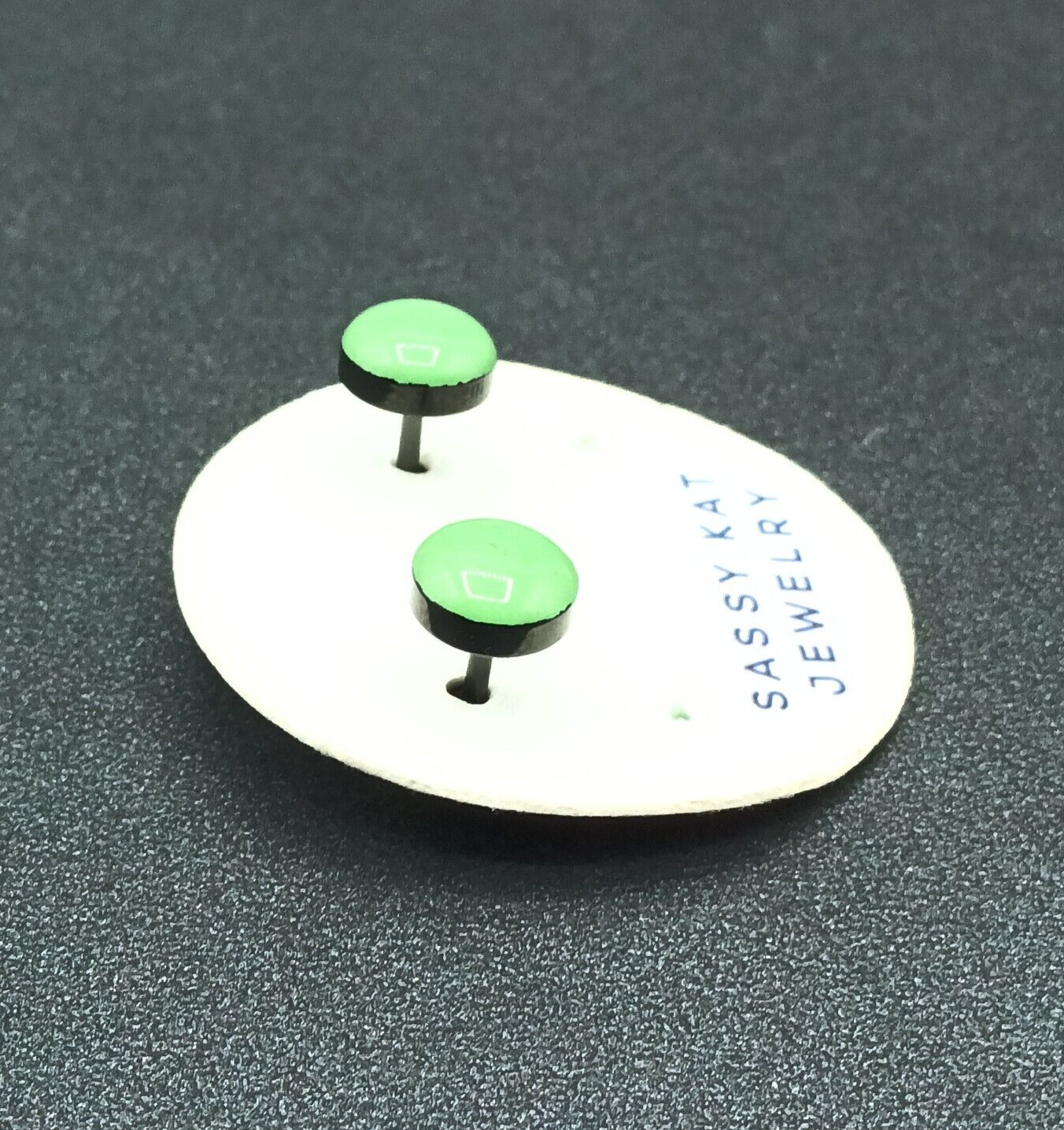 Sassy Kat Pierced Earrings Black metal Green Acrylic Imitation Plug Studs 3/8"