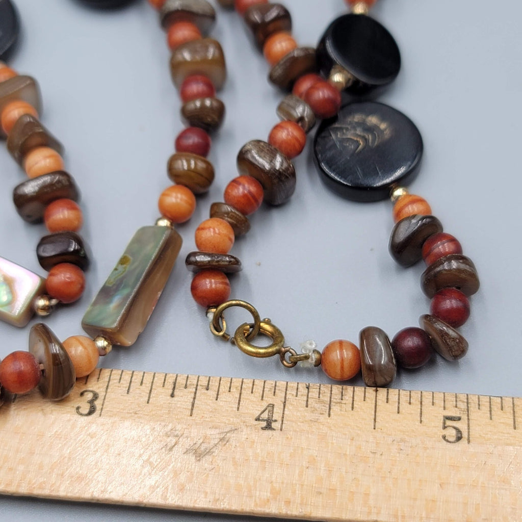 Stone Bead Necklace Abalone Shell Brown Orange Red Long 32"