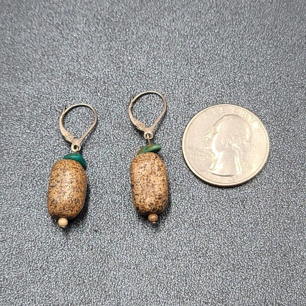 Pierced Earrings Turquoise Brown Speckled Stone Bead Dangle 1"