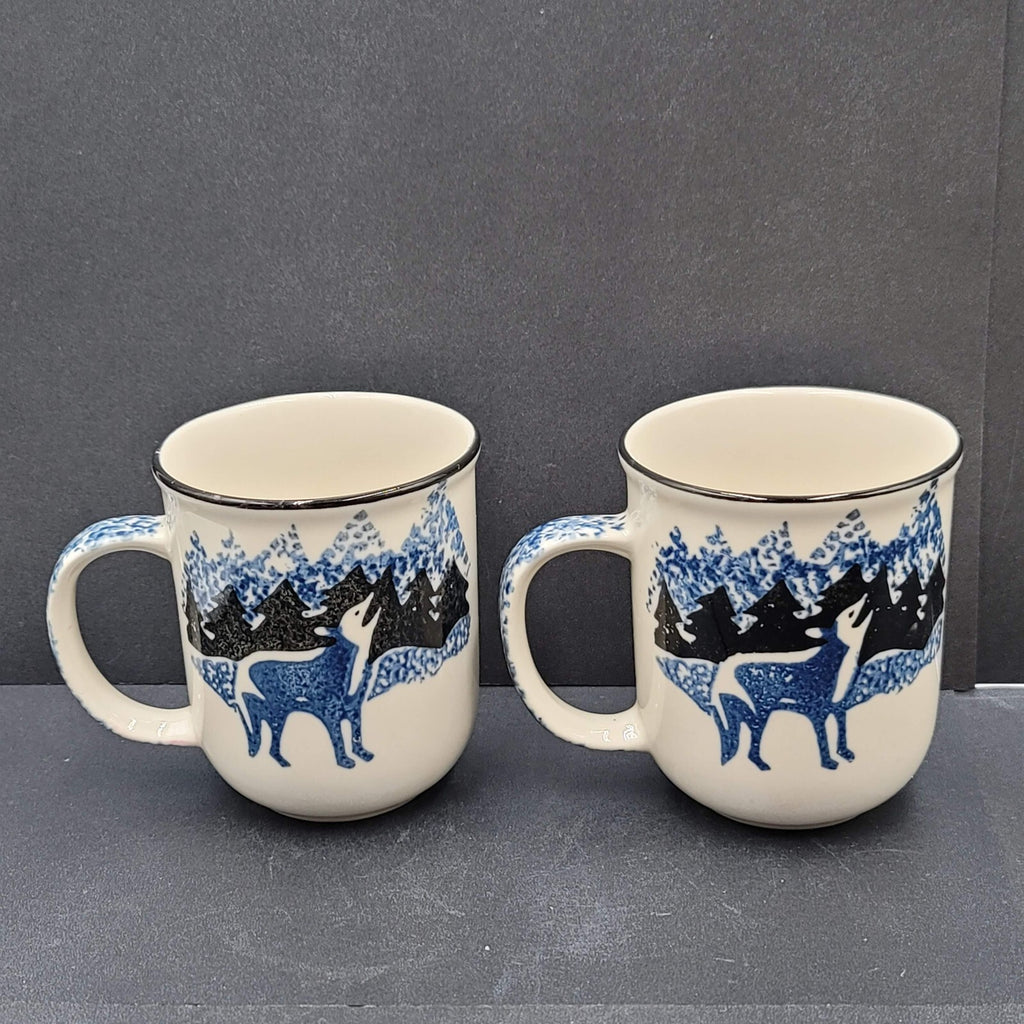 Set of 2 Vintage WOLF TIENSHAN FOLK CRAFT 10 oz Coffee Mugs Tea Cups Blue Sponge