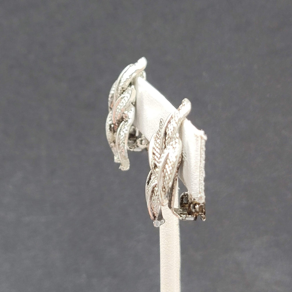 Vintage Clip on Earrings Silver tone 1 1/8" Textured Drop Leaves
