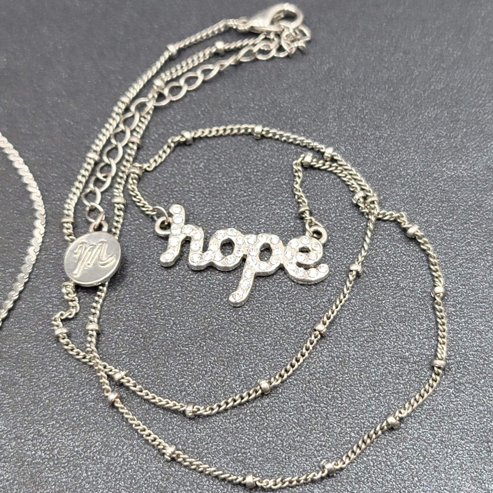 Lot of 4 Necklaces Silver tone HOPE HEART Blue Rhinestone