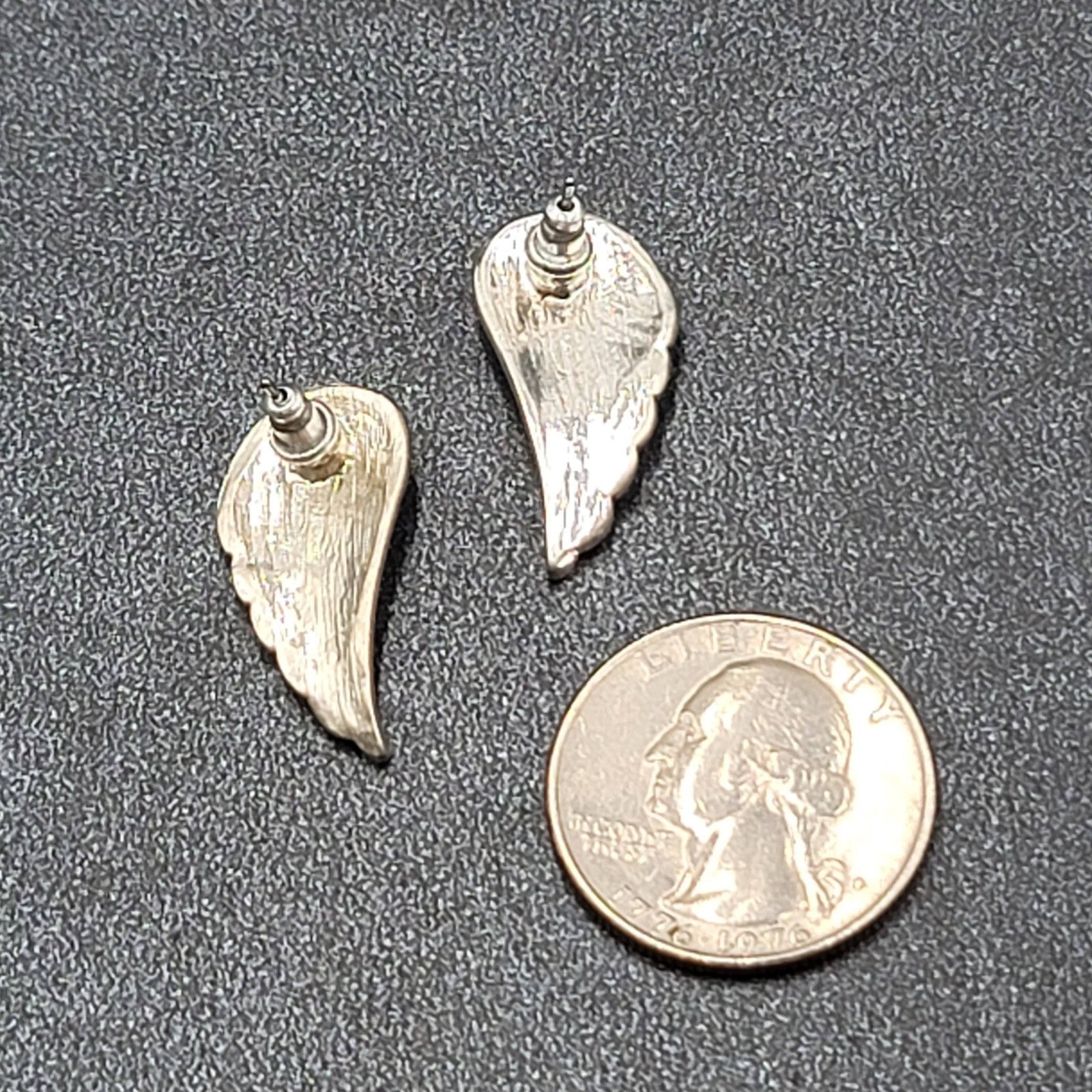 Pierced Earrings Silver tone Wings Crystal Rhinestone Drop 1"
