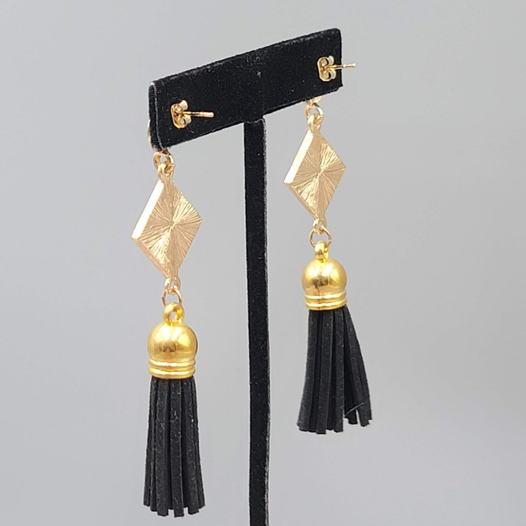 Black Tassel Pierced Earrings Gold tone Dangle 3"