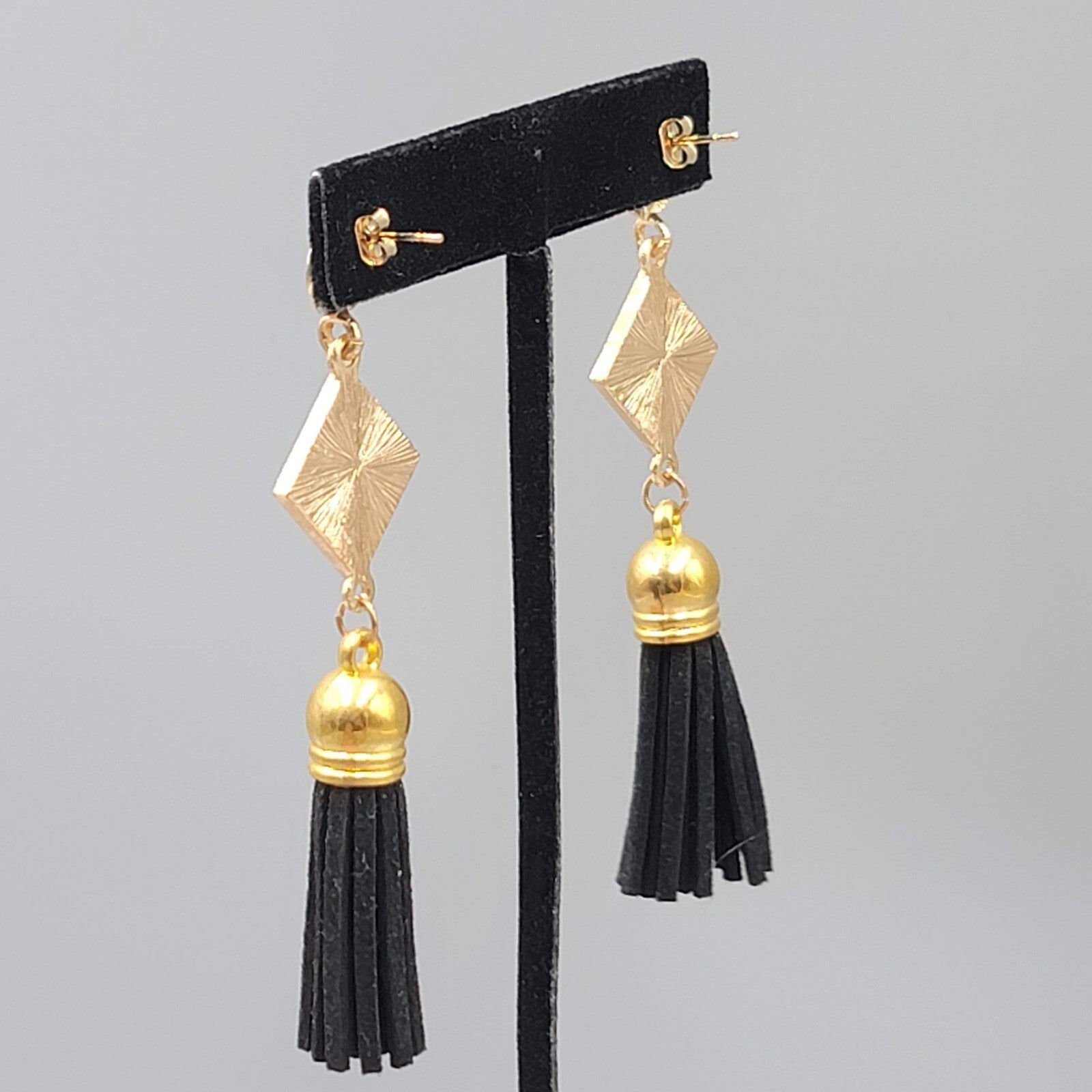 Black Tassel Pierced Earrings Gold tone Dangle 3"