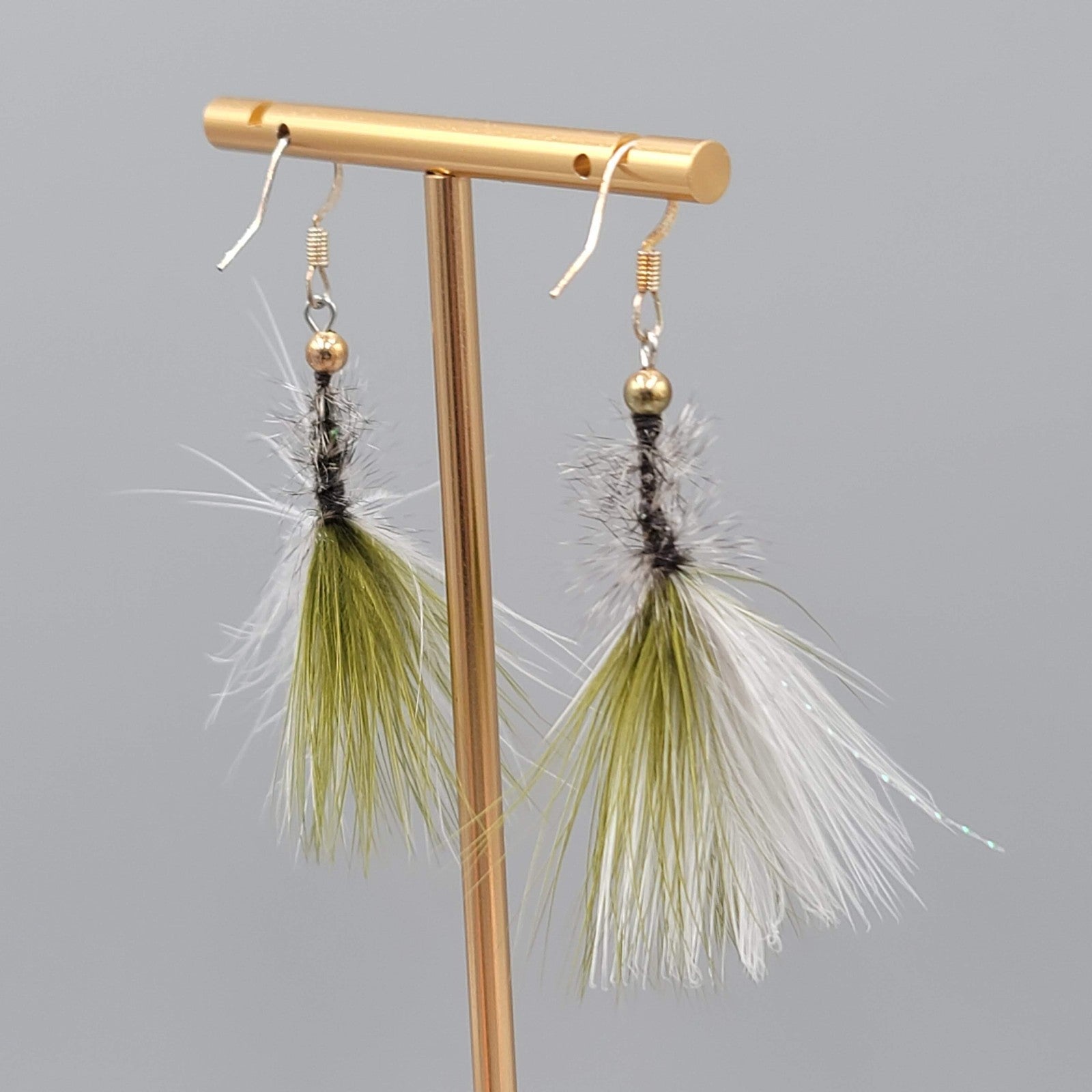 Artisan Pierced Earrings Feather Fly Tie Fishing Dangle Green White 2"